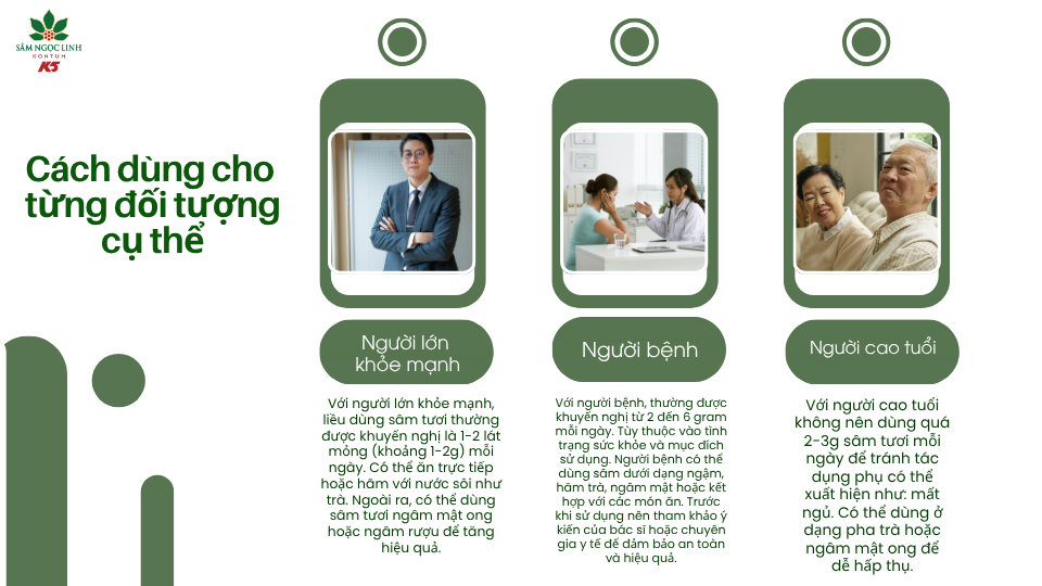Cách dùng sâm Ngọc Linh theo từng đối tượng.