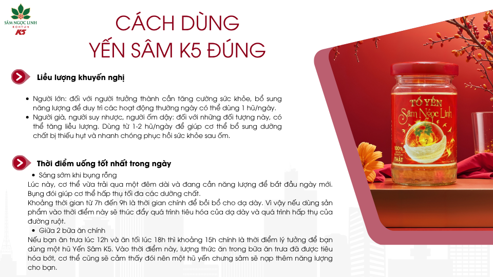 Cách dùng Yến Sâm K5 đúng chuẩn có thể bạn chưa biết.