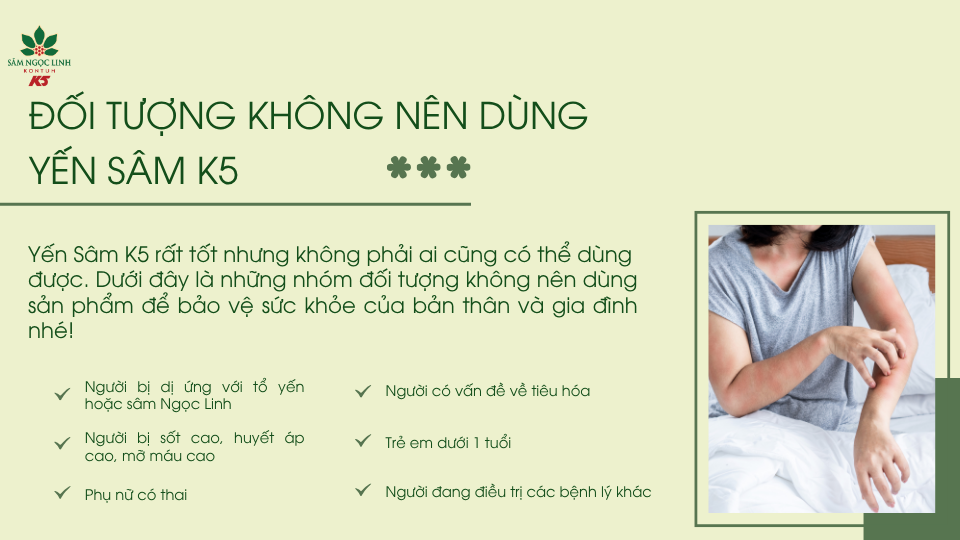 Những đối tượng không nên sử dụng Yến Sâm K5 để bảo vệ sức khỏe.