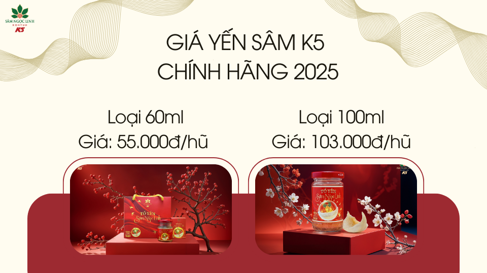 Giá Yến Sâm K5 chính hãng 2025.