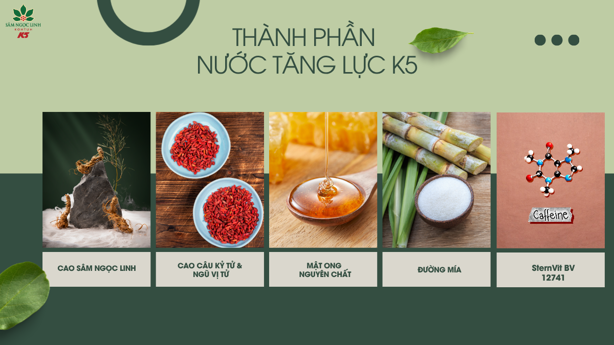 Các thành phần có trong nước tăng lực K5.  