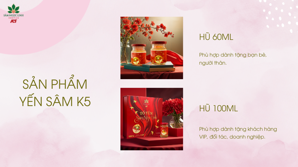 Các sản phẩm Yến Sâm K5 làm quà biếu.