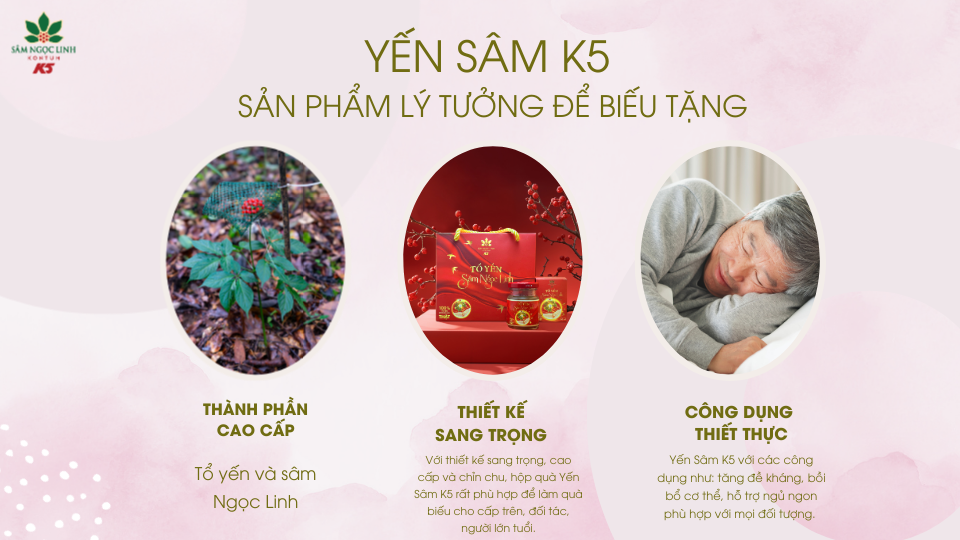 Yến Sâm K5 là sản phẩm lý tưởng để biếu tặng cho mọi người.