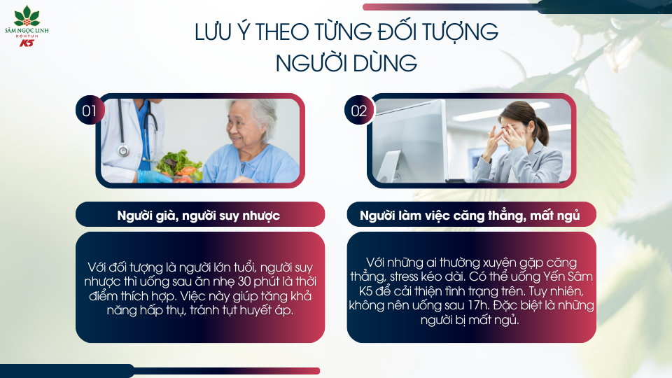 Liều lượng dùng Yến Sâm K5 cho từng đối tượng.