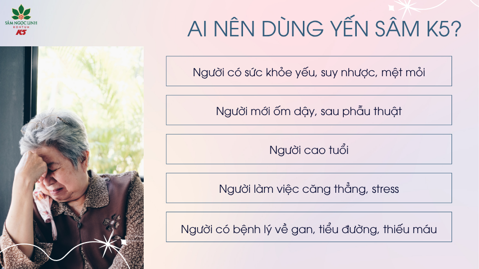 Các đối tượng nên sử dụng Yến Sâm K5 để cải thiện sức khỏe.