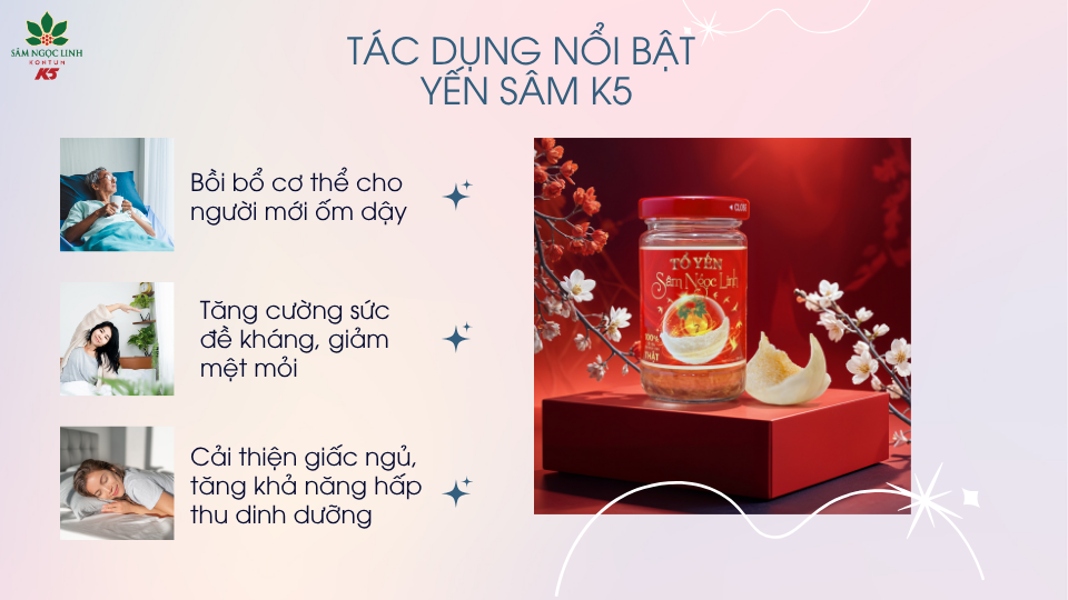 Tác dụng nổi bật của Yến Sâm K5.