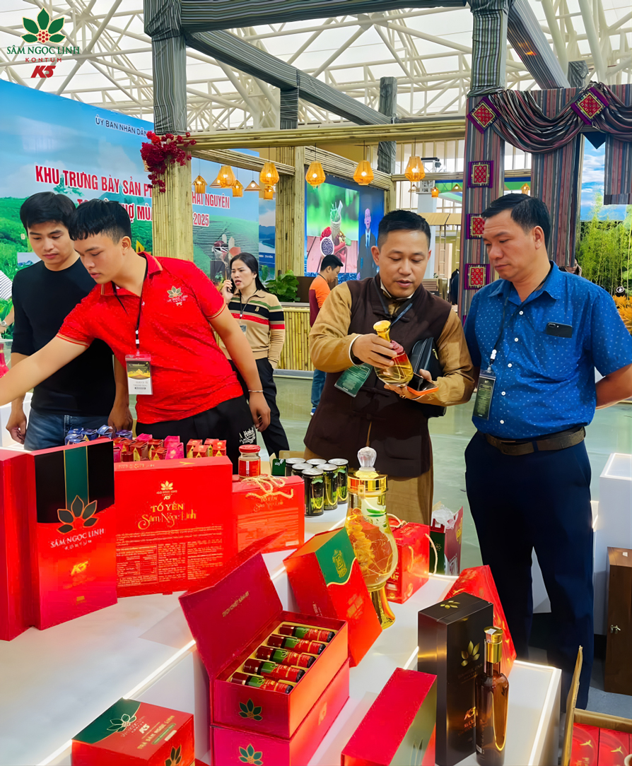 Khách tham quan tìm hiểu các sản phẩm sâm Ngọc Linh tại gian hàng Quảng Ngãi.